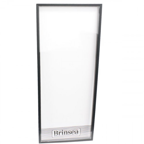 Large rectangular door with a clear plastic front to allow the user to see into the unit. There is a black frame and the lower part of the door has the Brinsea logo with some decorative horizontal lin