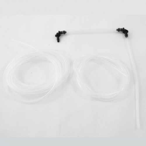 Two bundles of rolled up clear silicone tubing. There are two other lengths of tubing attached by small black right angle connectors.