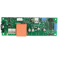 Rectangular green circuit board with lots of surface components. There is a large orange block transformer attached too.