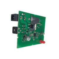 Green PCB with a barrel plugin site on the side and a red LED