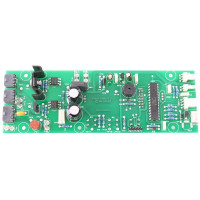 Rectangular green circuit board with lots of surface components. There are several large cylindrical capacitors attached too.