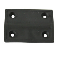 Small black rectangular plastic hinge that folds in the middle. It has four screw holes in the corners