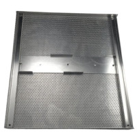 Silver ,perforated rectangular metal plate with multiple struts along the it.